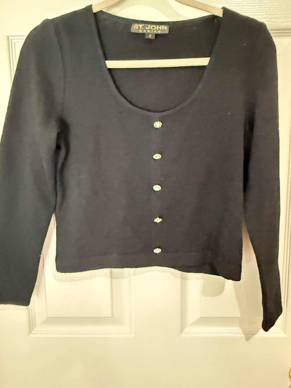 St. John Black Scoop Neck Button-Front Knit Top with Rhinestone Buttons